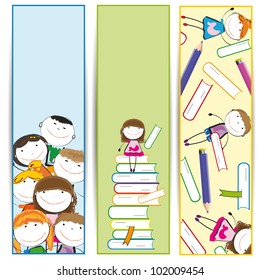Background with happy kids and colorful crayons and books