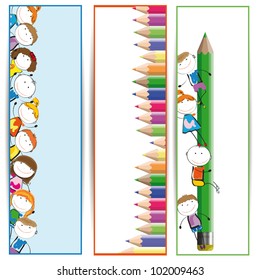 Background with happy kids and colorful crayons