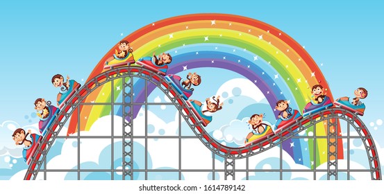 Background with happy monkeys riding roller coaster  illustration