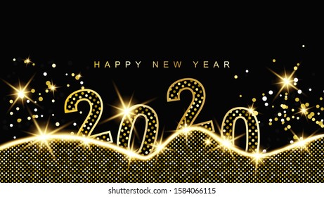 Background happy new year 2020, with gold sparkling circles and stars. Vector illustration of eps 10