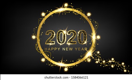 Background happy new year 2020, with gold sparkling circles and stars. Vector illustration of eps 10