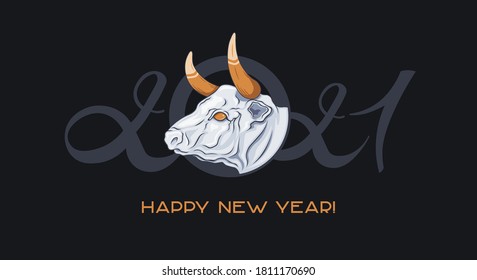 background happy new year 2021 "white bull's head with Golden horns"