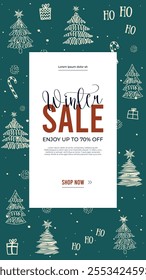 Background for Happy New Year shopping sale.Vertical Winter social media stories template.Christmas banners,cute illustrations with falling snowflakes.Event invitation,ad.Special offer text on ribbon.