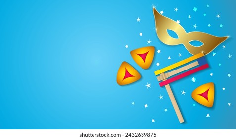 Background for Happy Purim with carnival mask, hamentashen and raashan. Chag Purim sameach design for greeting card or holiday banner. Vector illustration