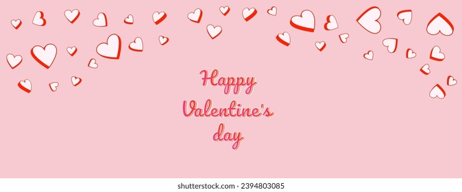 Background happy Valentines day with hearts. Horizontal border with copy space back. Vector illustration stylized cute cartoon retro hearts. Suitable for email header, post in social networks