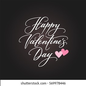 Background with Happy Valentine's day text and hearts symbols. Hand written calligraphy, vector illustration. Great for valentine's day cards, wedding invitations, party flyers, posters.