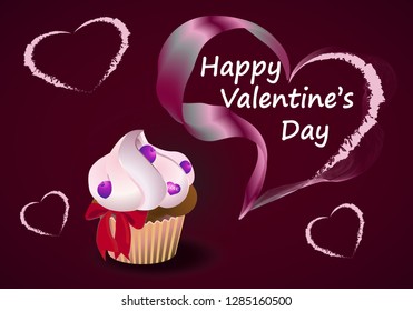 Background Happy Valentine's day. Yummy cupcake with blueberry.  Vector illustration.