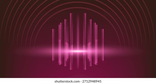 Der Hintergrund hat einen dunkelrosa Ton, der einer Klangwelle aus hohen und niedrigen Linien ähnelt. Um das Bild herum befinden sich rosafarbene Punkte und Kreise, die für Tiefe und Interesse sorgen.