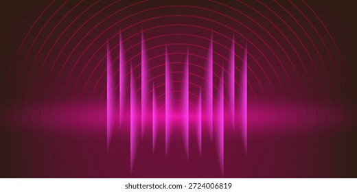 Der Hintergrund hat einen dunkelrosa Ton, der einer Klangwelle aus hohen und niedrigen Linien ähnelt. Um das Bild herum befinden sich rosafarbene Punkte und Kreise, die für Tiefe und Interesse sorgen.