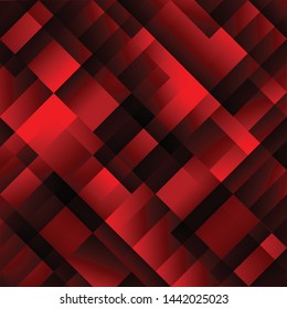The background has geometric patterns, overlapping squares on a red background.