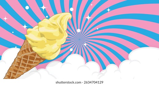 Background has swirls and clouds pattern. Foreground is ice cream cone. Vector illustration for design.