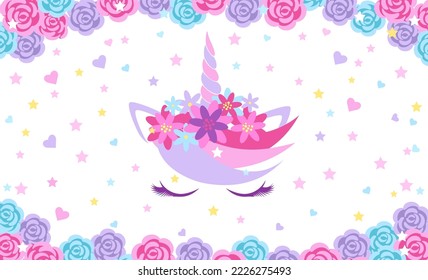 Background with the head of a magical unicorn with closed eyes, rainbow, hearts and stars. Template for design and decoration. Vector illustration for children.