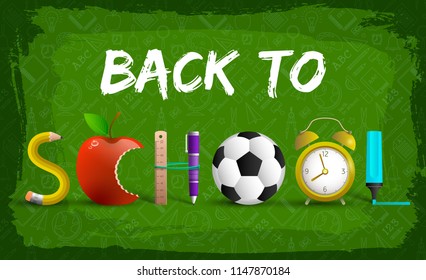 Background with healine back to school written with white chalk on green blackboard vector illustration