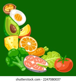 Background with healthy eating and diet meal. Fruits, vegetables and proteins for proper nutrition.