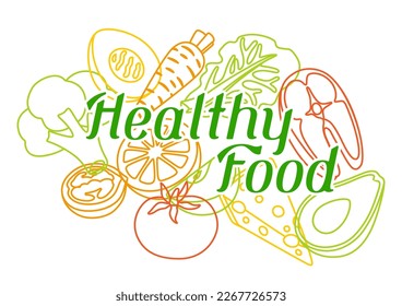 Background with healthy eating and diet meal. Fruits, vegetables and proteins for proper nutrition.