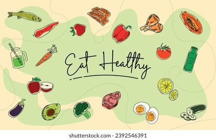 background with healthy food fruits and vegetables, vector illustration