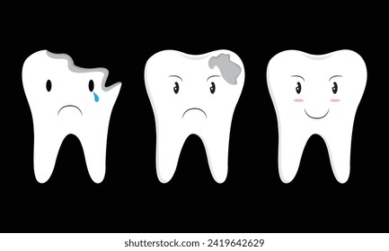 Background healthy and good teeth. dental health conditions. happy, funny, cute, and adorable tooth character. smile. Outline illustration design. vector illustration of damaged teeth.
