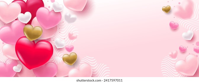 Background with heart. Delicate bright with 3D volumetric hearts. Texture for banner and postcard. Suitable for Valentine's Day and Mother's Day. Vector illustration