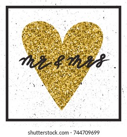 Background with heart and english text. Mr and mrs, poster design. Backdrop vector with lettering. Decorative illustration, recourse to man and woman. Save the date card. Miss and mister