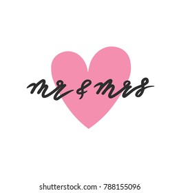 Background with heart and english text. Mr and mrs, poster design. Hand drawn backdrop vector with lettering. Decorative illustration, recourse to man and woman. Save the date card.  Missis and mister