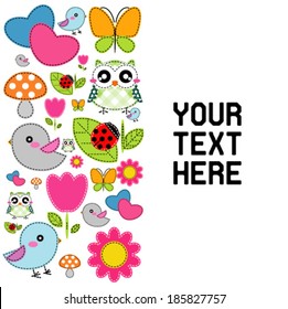 Background with heart, flower, mushrooms, butterfly and birds 