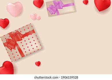 Background with a heart, gift box and a real composition for a fashion banner, poster or greeting card with space for text