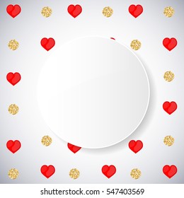 Background with heart and gold glittering circles . Vector illustration.