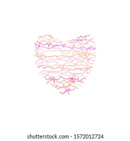 Background with heart made of crumpled lines of random colors. Isolated on white vector illustration