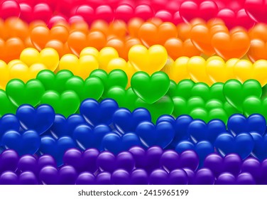 Background with heart. Multi-colored volumetric hearts in the colors of the LGBT pride rainbow. Texture for banner and postcard. Vector illustration