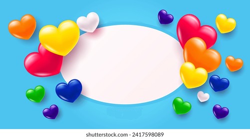 Background with heart. Multi-colored volumetric hearts in the colors of the LGBT pride rainbow. Texture for banner and postcard. Vector illustration