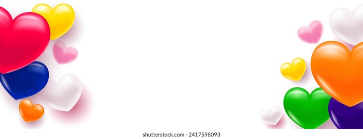 Background with heart. Multi-colored volumetric hearts in the colors of the LGBT pride rainbow. Texture for banner and postcard. Vector illustration