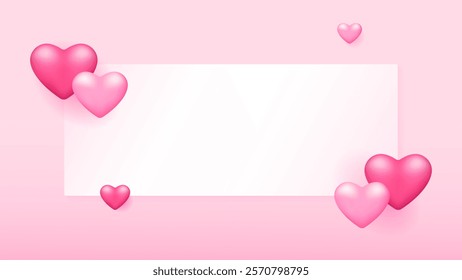 background with heart ornament or decoration and a white rectangle box in the middle. happy valentine's day celebration. event, festival, celebration. banner, pink background. 3d style design elements