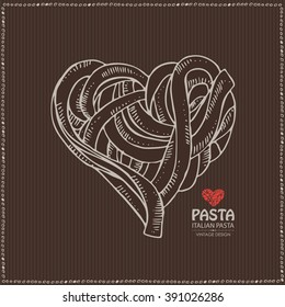Background with heart of pasta , hand drawn