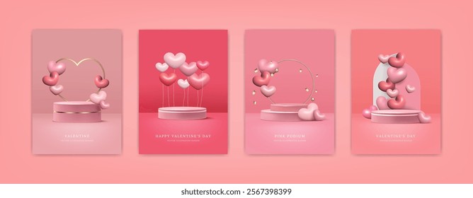 Background heart pink 3D. White podium, balloon product presentation platform, gradient red mockup. Wall stand abstract love holiday valentines day. Vector minimal room rendering posters collection