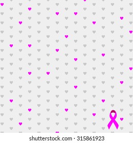 Background with Heart and Pink Ribbon. Vector. Awareness Pink Ribbon Invitations, Blank Gift Tag. Breast cancer awareness pink ribbon on gray background. Breast Cancer Sign.