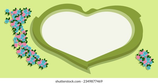 A background with a heart shape and blue and pink flowers.