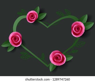Background with heart shape and pink roses, design template for banner and greeting cards