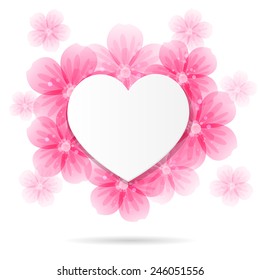  Background with heart shaped frame and pink flowers , vector illustration
