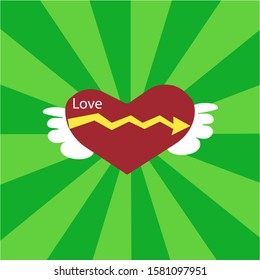 Background: Heart shaped vector design with yellow wavy arrow and 2 angel wings on a radiant green background.