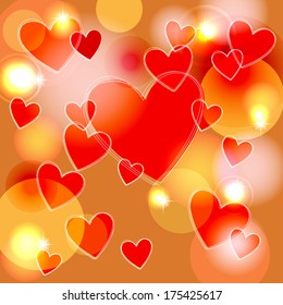 background of hearts with bokeh on a red background
