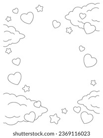 Background with hearts and clouds. Coloring book page for kids. Valentine's Day. Cartoon style. Vector illustration.