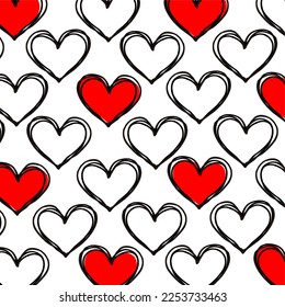 BACKGROUND HEARTS DRAWN BY HAND, DOODLES IN BLACK STROKE WITH SOME HEARTS PAINTED IN RED