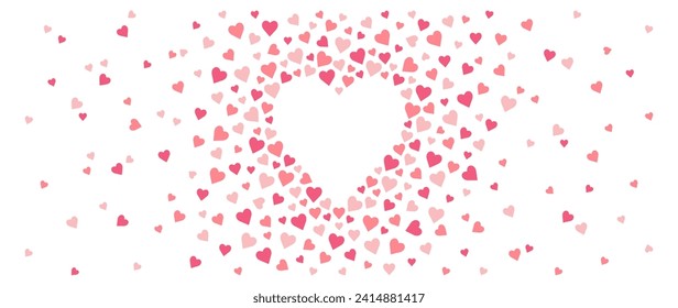 Background with hearts, falling confetti. Valentine's Day. Vector illustration for cover, banner, poster, card, web and packaging.