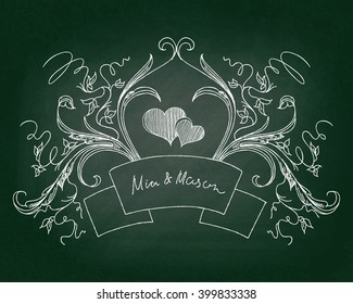 Background with hearts and floral element. Horizontal floral element on dark chalkboard. Contour ornamental pattern.