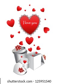 Background with , hearts and gift box with bow. Vector