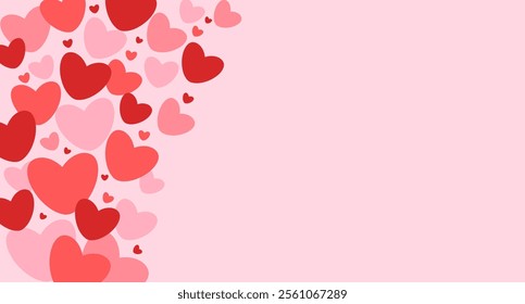 Background with hearts in red and pink tones, there is space for text. Vector.