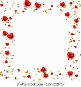Background with hearts and round beads strewn with golden confetti