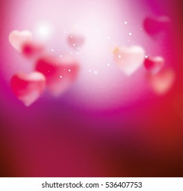 Background with hearts for Valentine's Day. Template for greeting card, declaration of love, congratulations on the wedding day. Pink. Blurring background. hearts