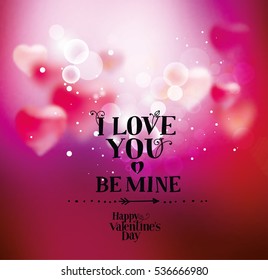 Background with hearts for Valentine's Day. Template for greeting card, declaration of love. Lettering "Happy Valentine's Day. I love you," calligraphic font, hand drawing. Bright pink. Boke