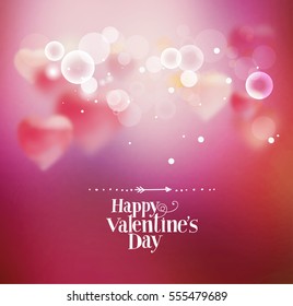 Background with hearts for Valentine's Day. Template for greeting card, declaration of love. Lettering "Happy Valentine's Day." Calligraphic font, hand drawing. Pink. Boke